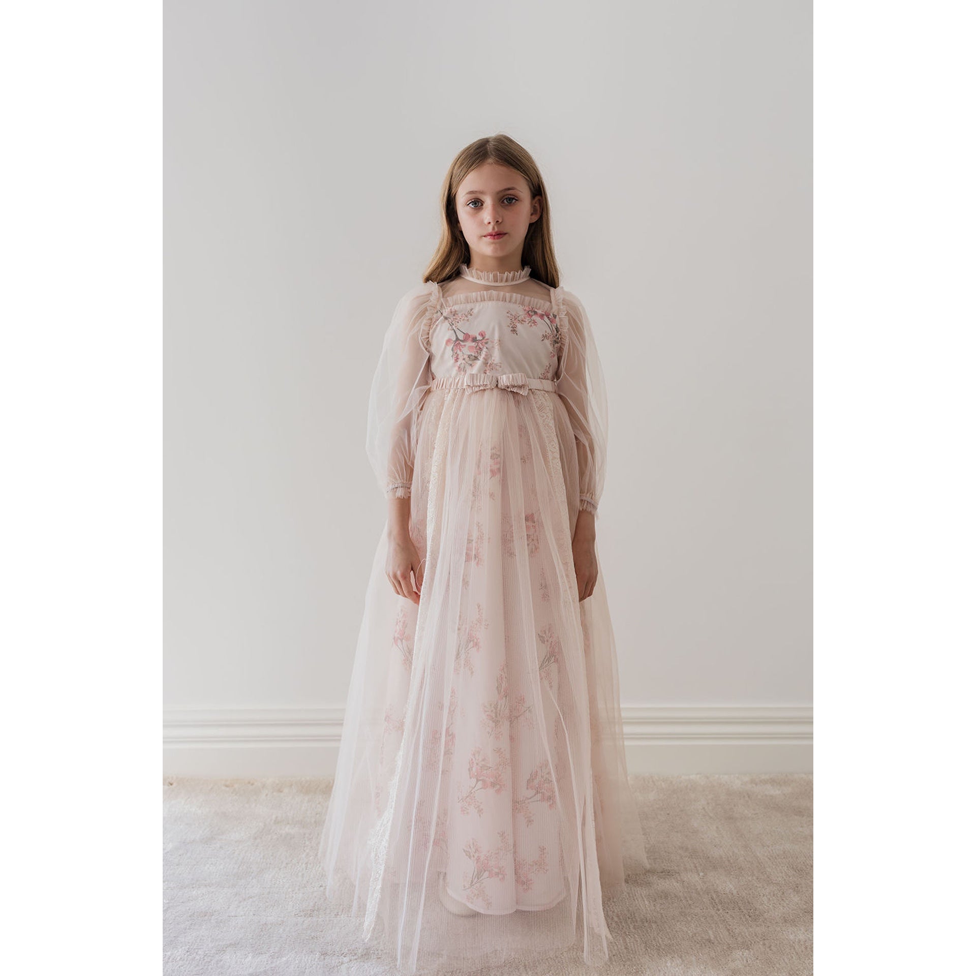 Gold by Petite Amalie Elbow Blush Orchid Print Tulle Gown W. Lace Belt For Cheap